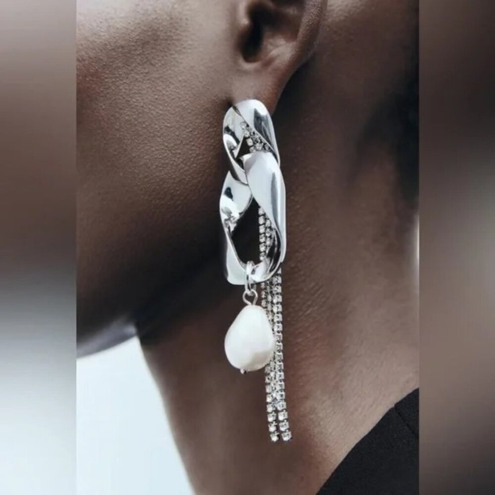 Zara Silver Pearl Rhinestone Tassel Earrings Nwt